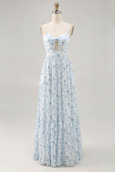 Blaues Bedrucktes Blumen Spaghettiträger Kleid für Hochzeitsgäste